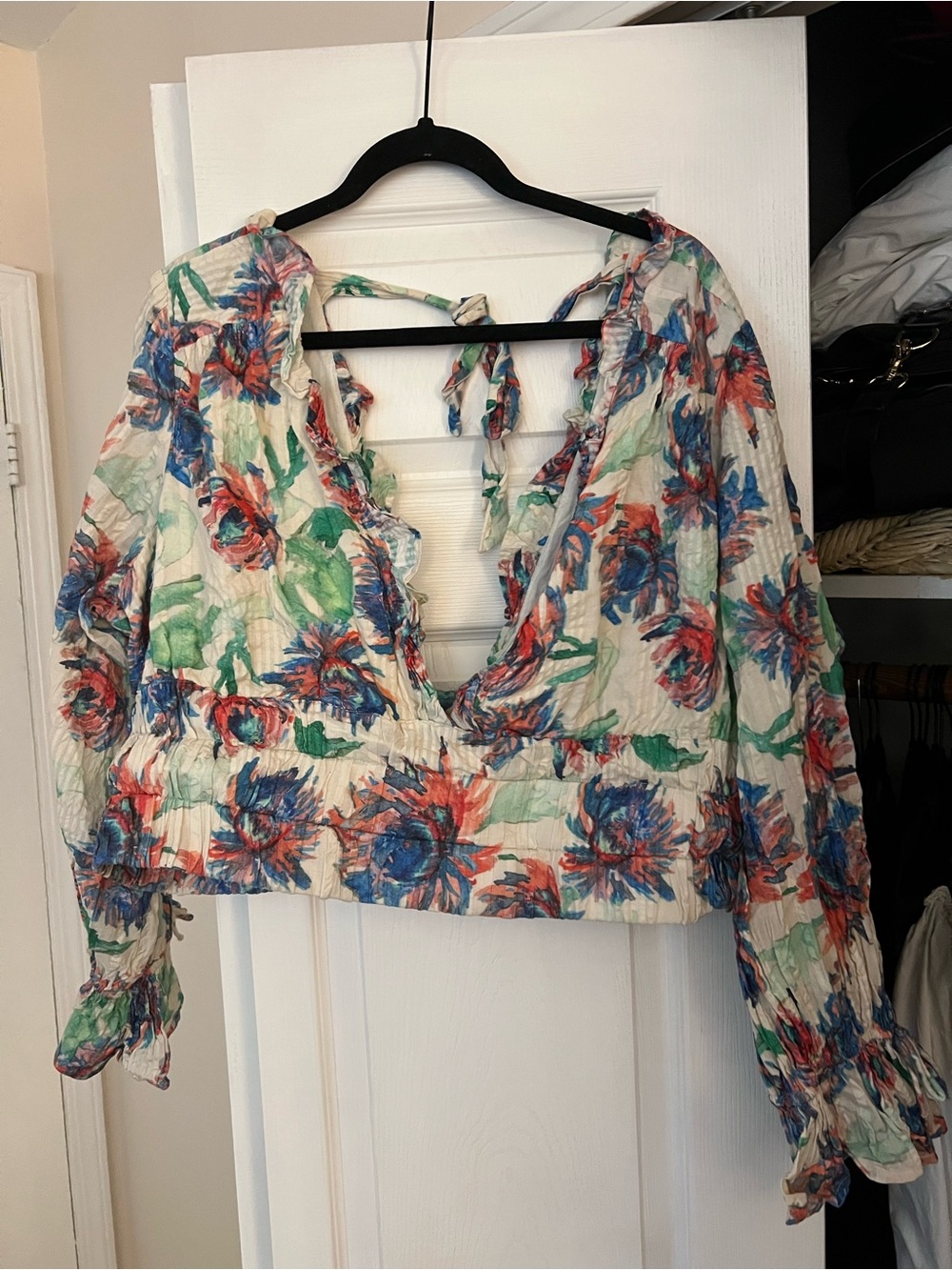 Anthropologie Floral V-Neck Tie-Back Crop Top - Blue, Green & Coral